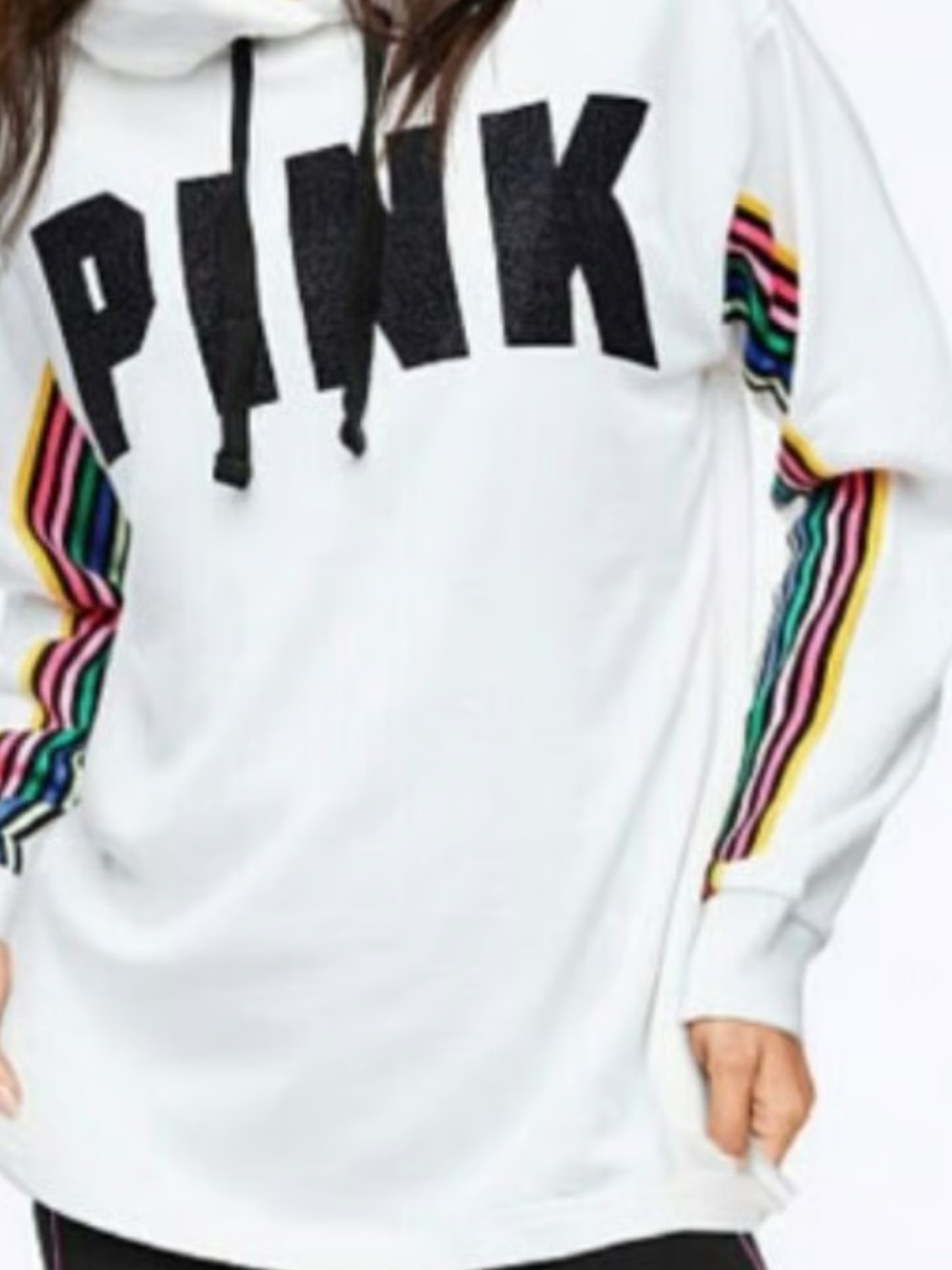 PINK Victoria's Secret White Pullover Sweatshirt with Rainbow Sleeve Stripes LG